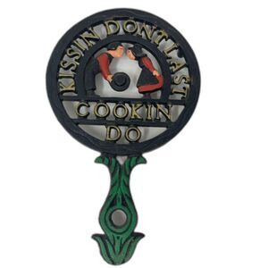 Vintage Cast Iron Trivet "Kissin Don't Last, Cookin Do" Amish Couple Funny Humor